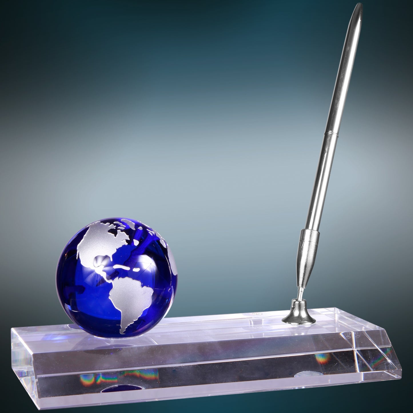 7" x 3" Blue Crystal Globe w/ Base & Pen Award – item CRY7211 image 5