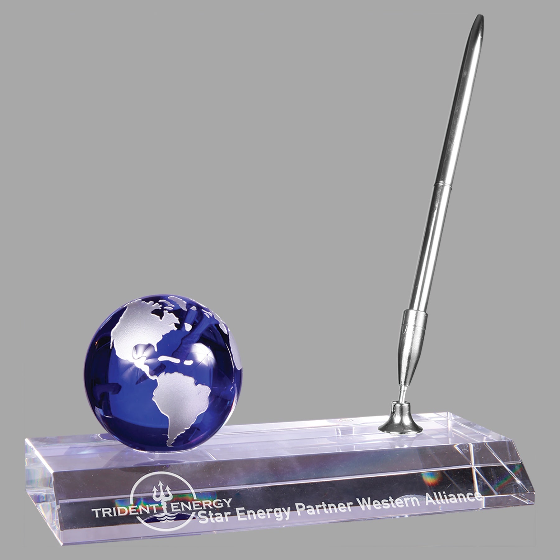 7" x 3" Blue Crystal Globe w/ Base & Pen Award – item CRY7211