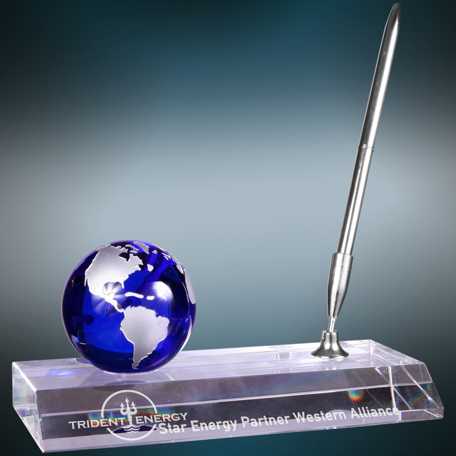 7" x 3" Blue Crystal Globe w/ Base & Pen Award – item CRY7211 image 3