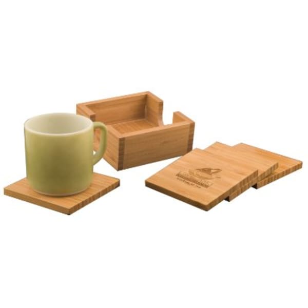 4" x 4" Bamboo Square 4-Coaster Set with Holder – item CST01