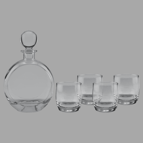 750 mL Flat Round Decanter & 4 10 oz. Round Rocks Glasses – item DCS302S