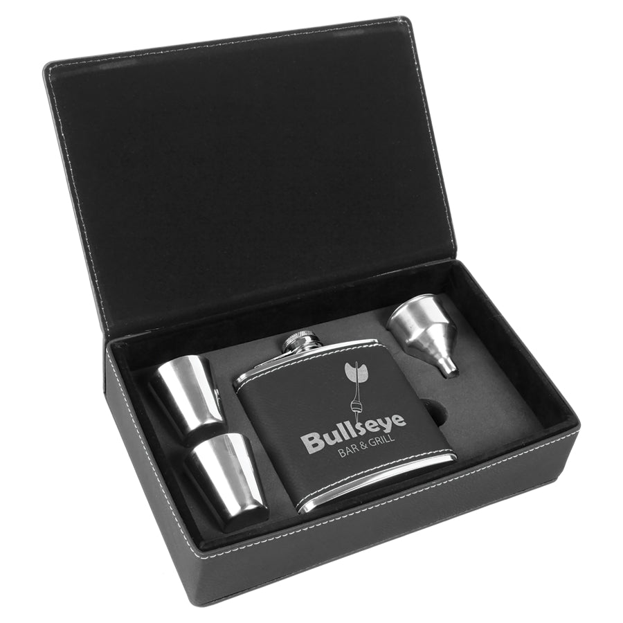 6 oz. Black/Silver Leatherette Flask Gift Set – item FSK309