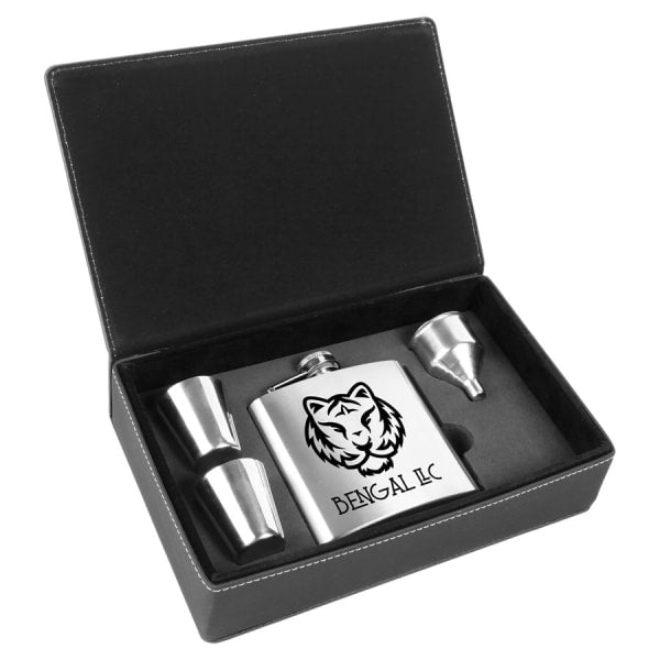 6 oz. Black/Silver Leatherette Flask Gift Set – item FSK311 image 2
