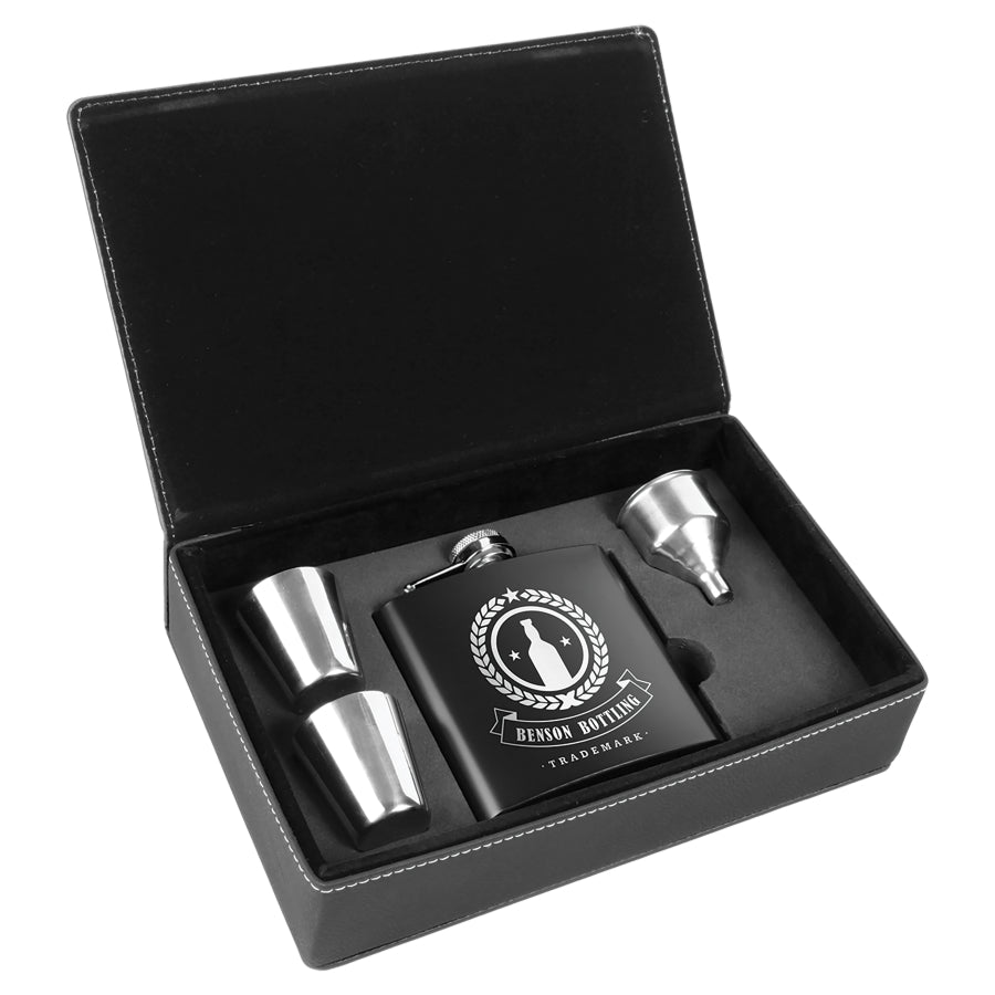 6 oz. Black/Silver Leatherette Black Flask Set – item FSK312