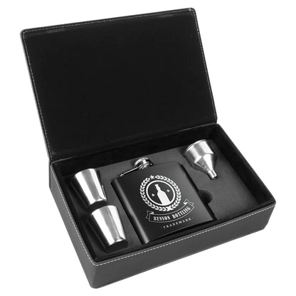 6 oz. Black/Silver Leatherette Black Flask Set – item FSK312