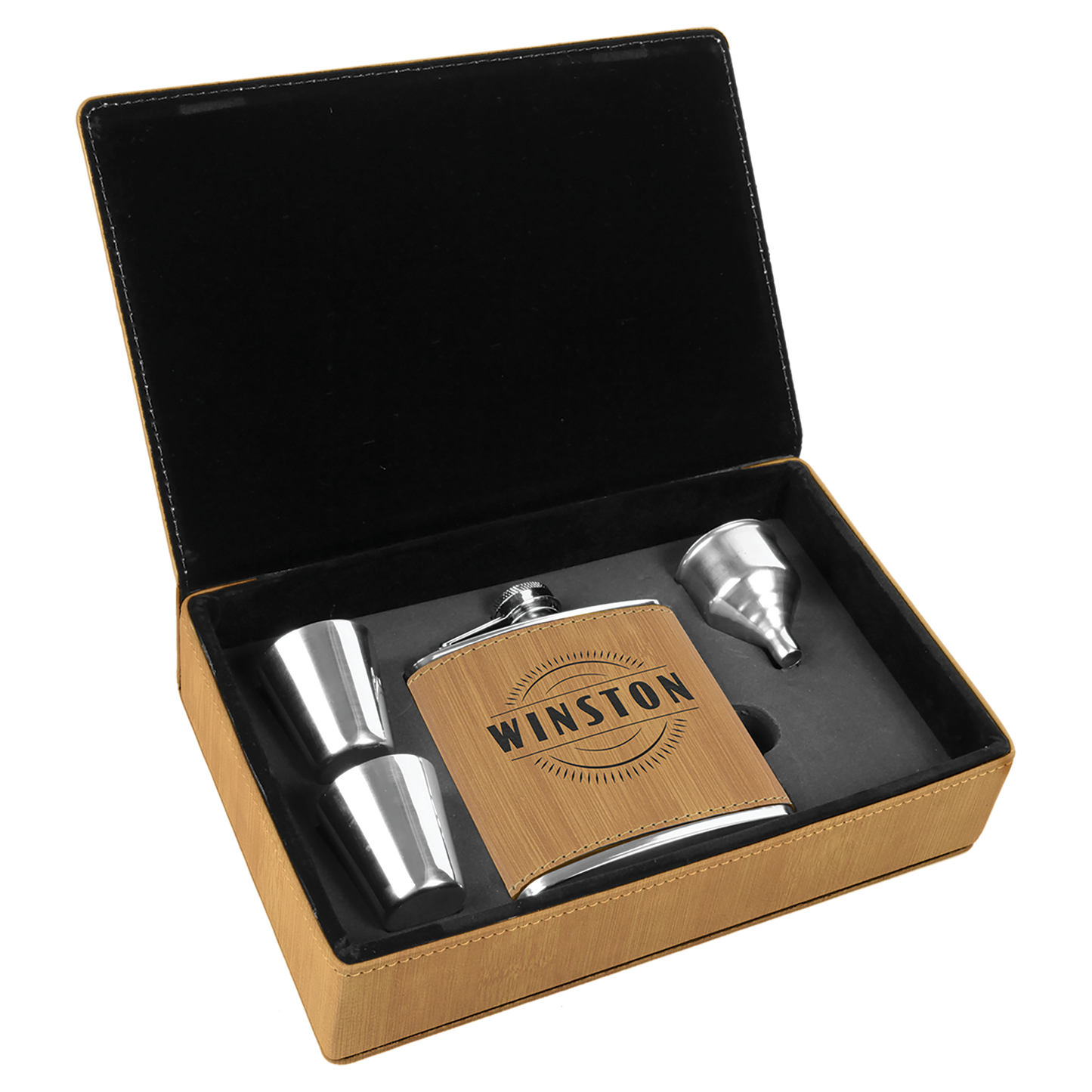 6 oz. Bamboo Leatherette Flask Gift Set – item FSK316 image 3