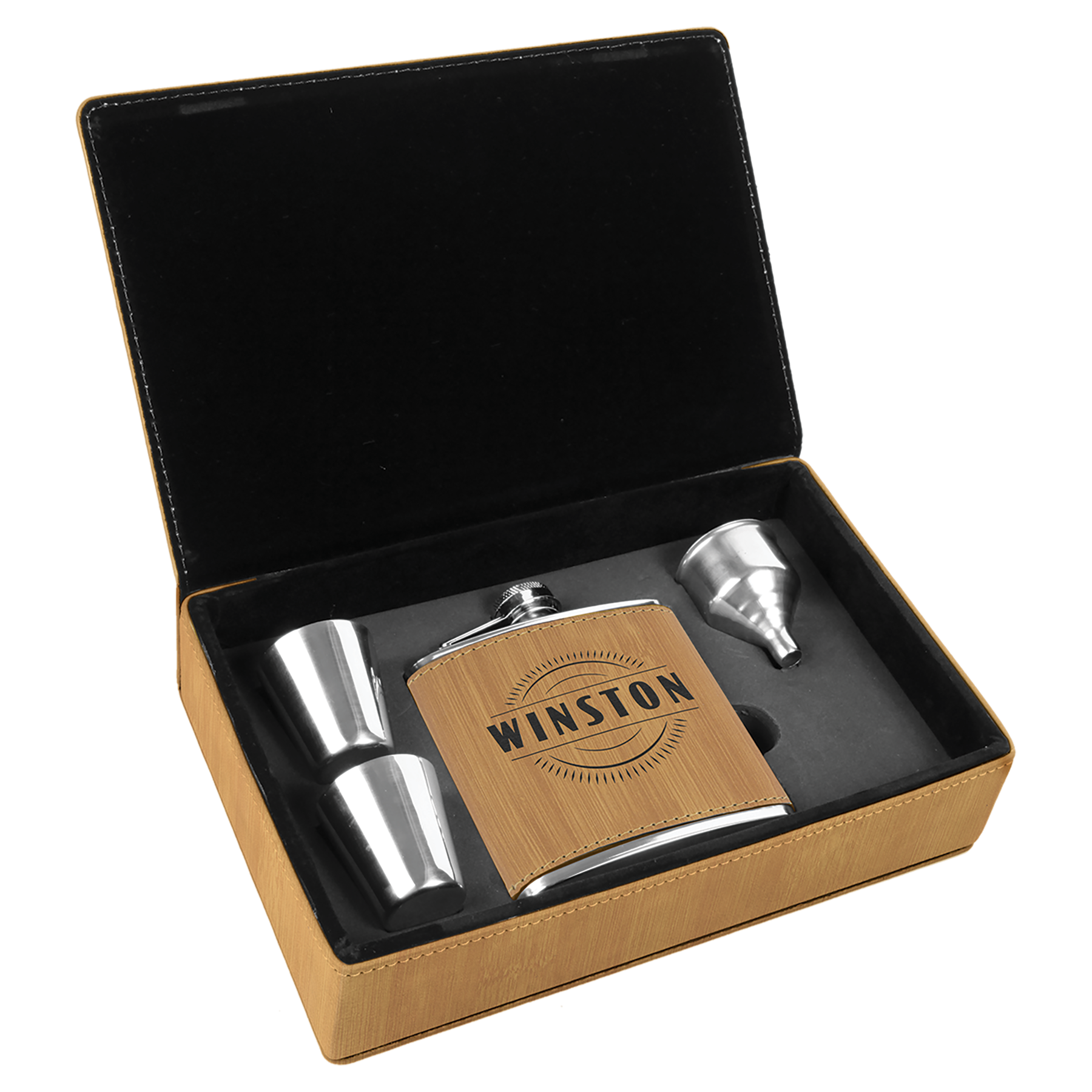 6 oz. Bamboo Leatherette Flask Gift Set – item FSK316 image 3