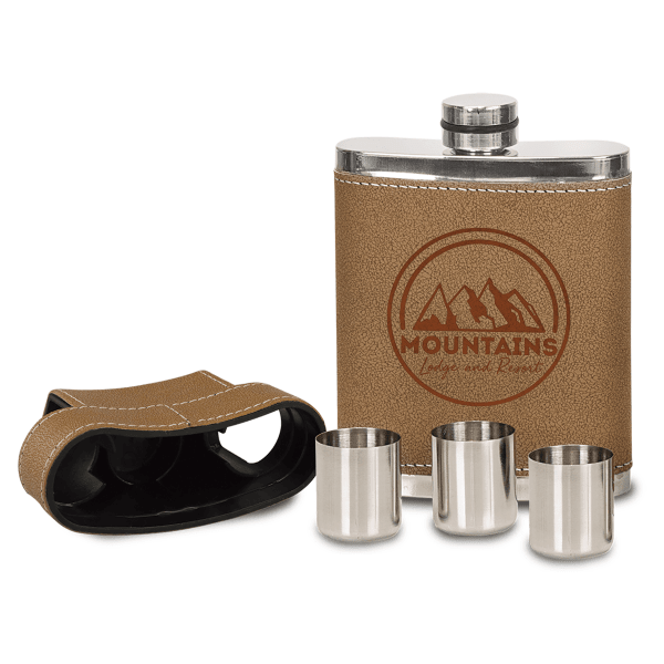 7 oz. Leather Flask with Lid & 3 Shot Glasses – item FSK705A