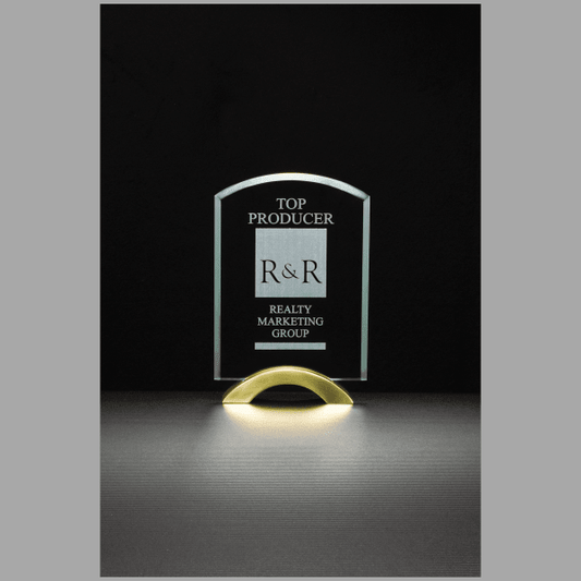 7" x 9.75" Arch Series Glass Award w/ Gold Metal Base – item G2270