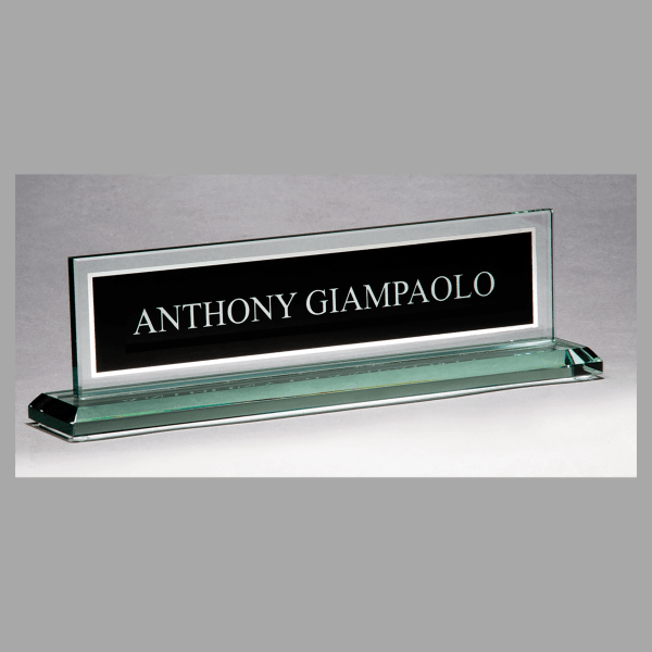 Black Silk Screened Glass Name Plate with Mirror Border – item G2788