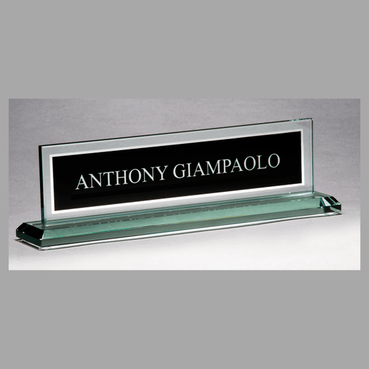 Black Silk Screened Glass Name Plate with Mirror Border – item G2788