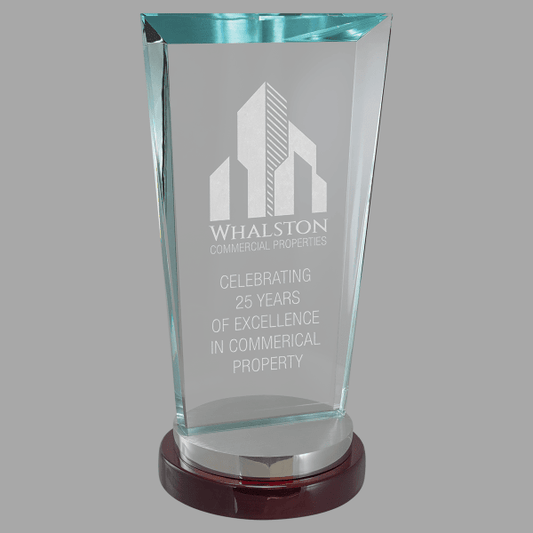 4.25" x 9" Series Clear Glass Award w/ Rosewood & Aluminum – item G2988
