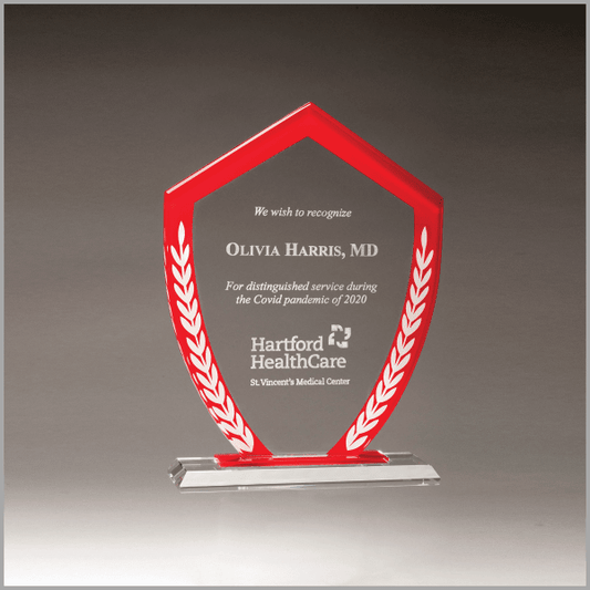 7.25" x 9.625" Shield Shaped Glass Award w/ Red Border – item G3090