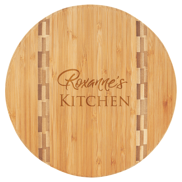 9.75" Round Bamboo Cutting Board with Butcher Block Inlay – item GFT023