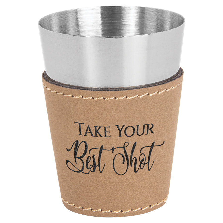 2 oz. Light Brown Leatherette Shot Glass – item GFT1046