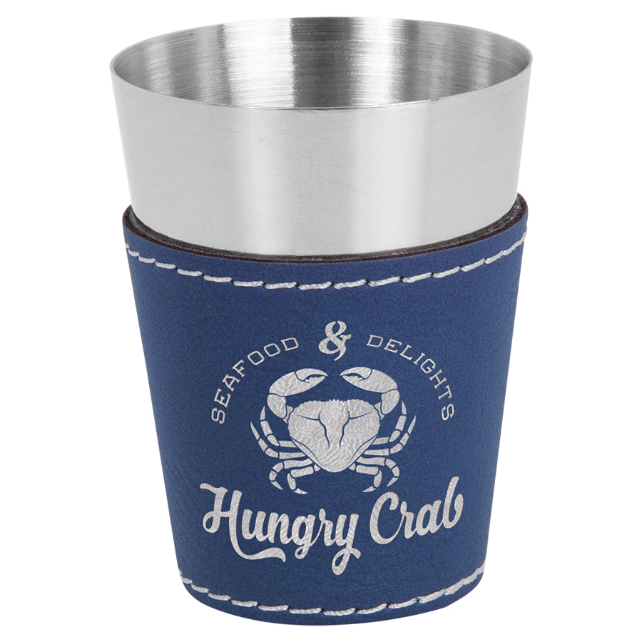 2 oz. Blue/Silver Leatherette Shot Glass – item GFT1053