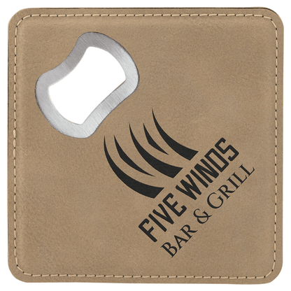 4" x 4" Light Brown Square Leatherette Bottle Opener Coaster – item GFT1235 image 2