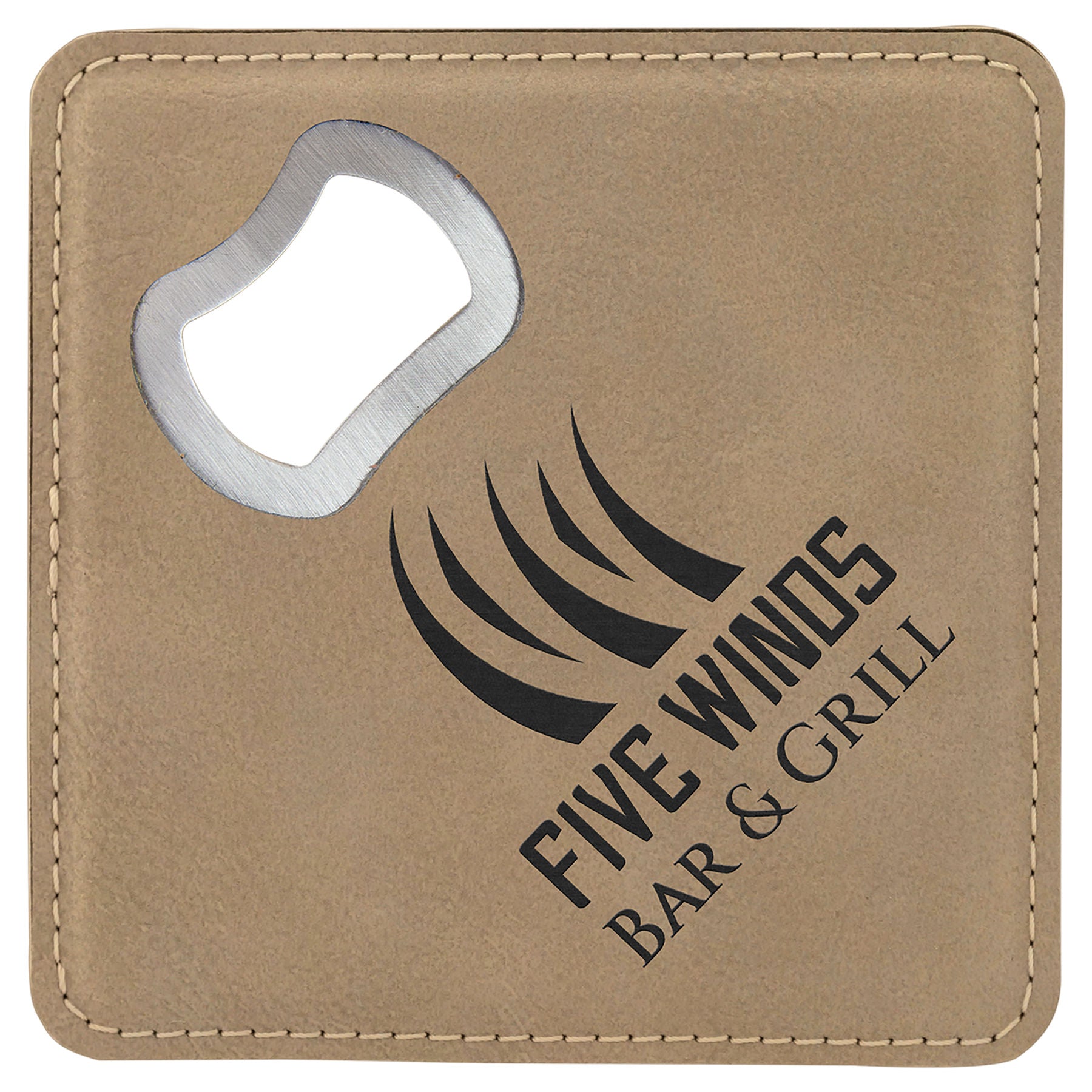 4" x 4" Light Brown Square Leatherette Bottle Opener Coaster – item GFT1235