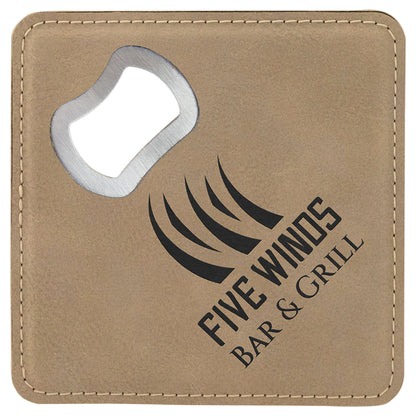 4" x 4" Light Brown Square Leatherette Bottle Opener Coaster – item GFT1235