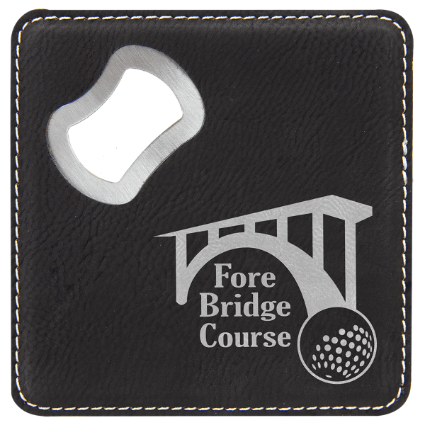 4" x 4" Black/Silver Square Leatherette Bottle Opener – item GFT1240 image 2