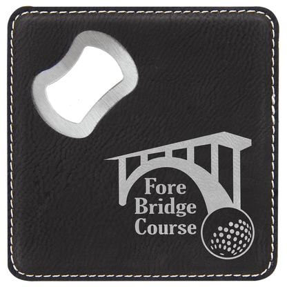 4" x 4" Black/Silver Square Leatherette Bottle Opener – item GFT1240 image 2