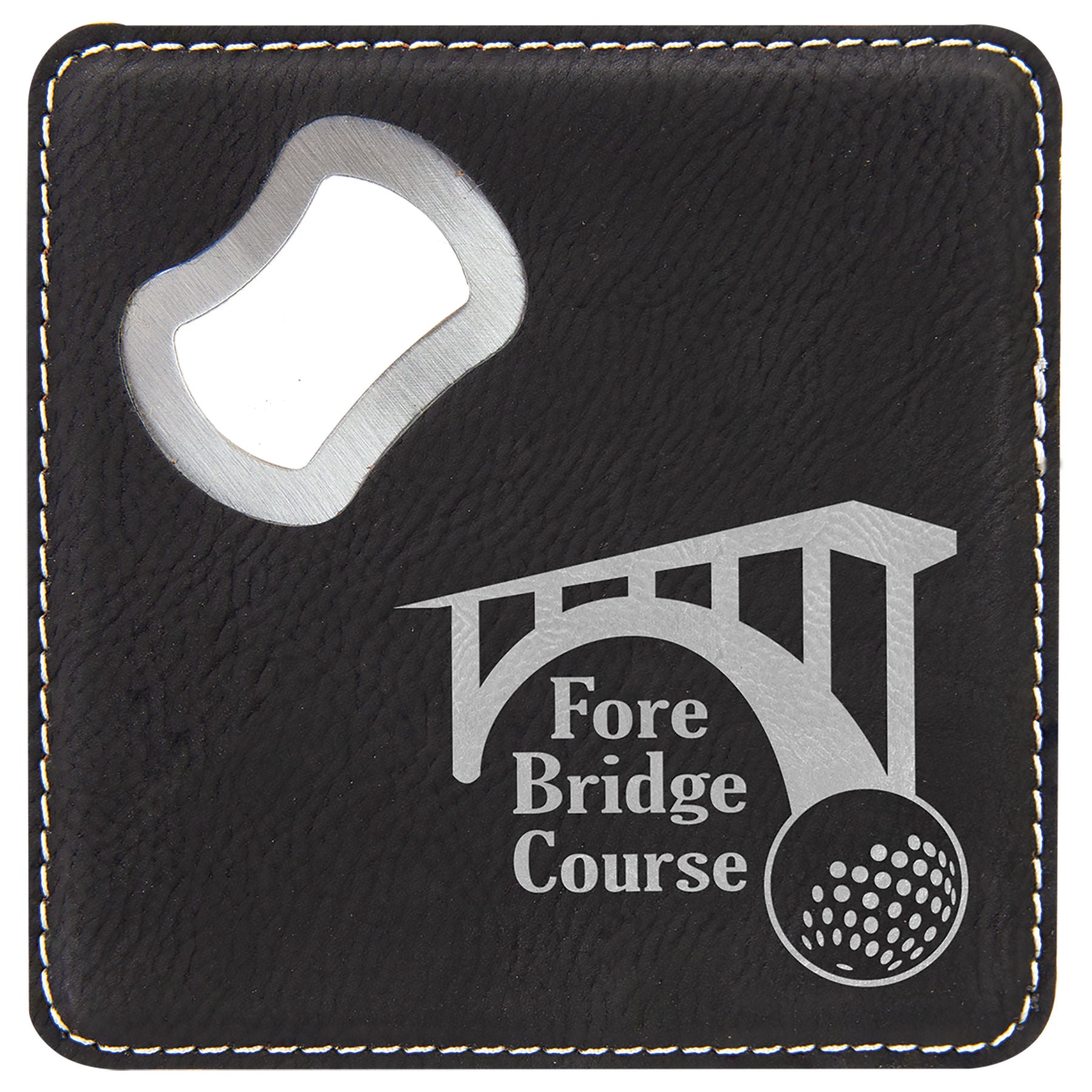 4" x 4" Black/Silver Square Leatherette Bottle Opener – item GFT1240