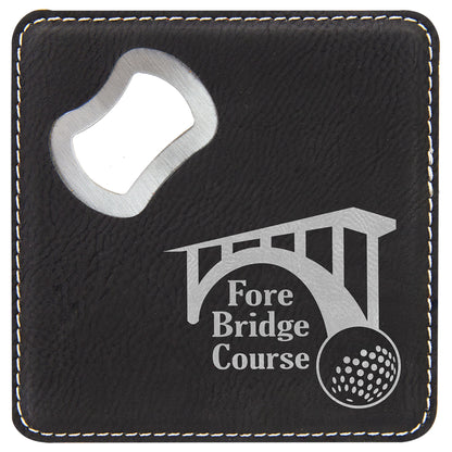 4" x 4" Black/Silver Square Leatherette Bottle Opener – item GFT1240