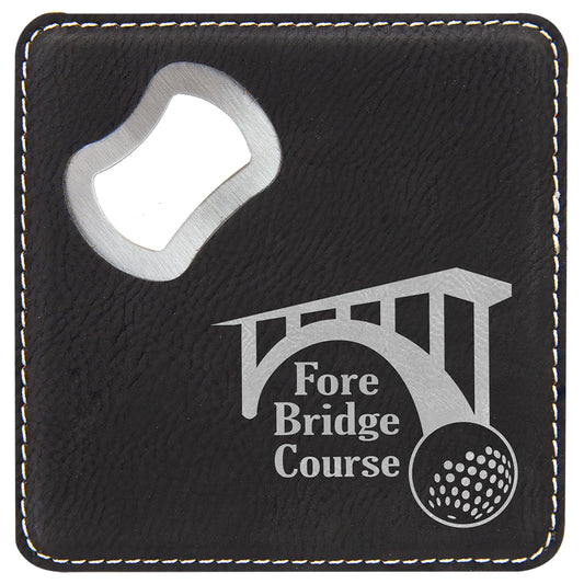 4" x 4" Black/Silver Square Leatherette Bottle Opener – item GFT1240