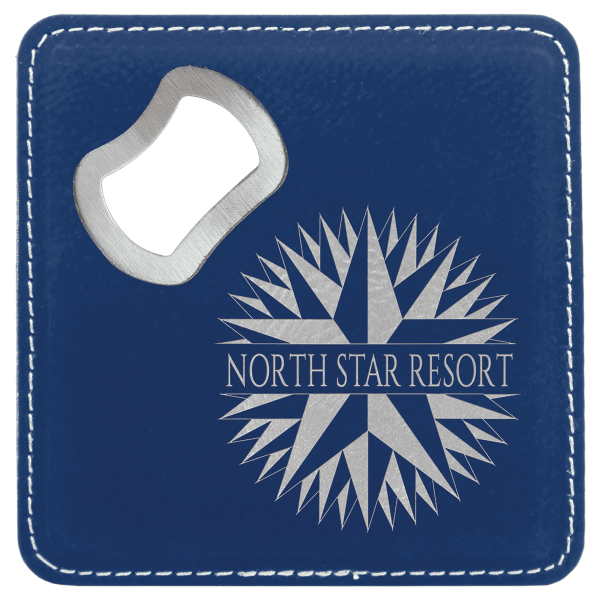 4" x 4" Blue/Silver Square Leatherette Bottle Opener Coaster – item GFT1241 image 2