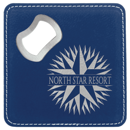 4" x 4" Blue/Silver Square Leatherette Bottle Opener Coaster – item GFT1241 image 2