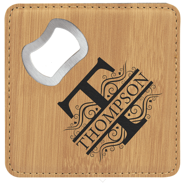 4" x 4" Bamboo Square Leatherette Bottle Opener Coaster – item GFT1242 image 2