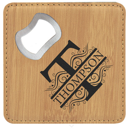 4" x 4" Bamboo Square Leatherette Bottle Opener Coaster – item GFT1242