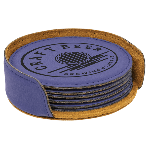 4" x 1.25" Purple Round Leatherette 6-Coaster Set – item GFT1326