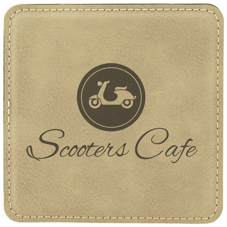 4" x 4" Light Brown Square Leatherette Coaster – item GFT193