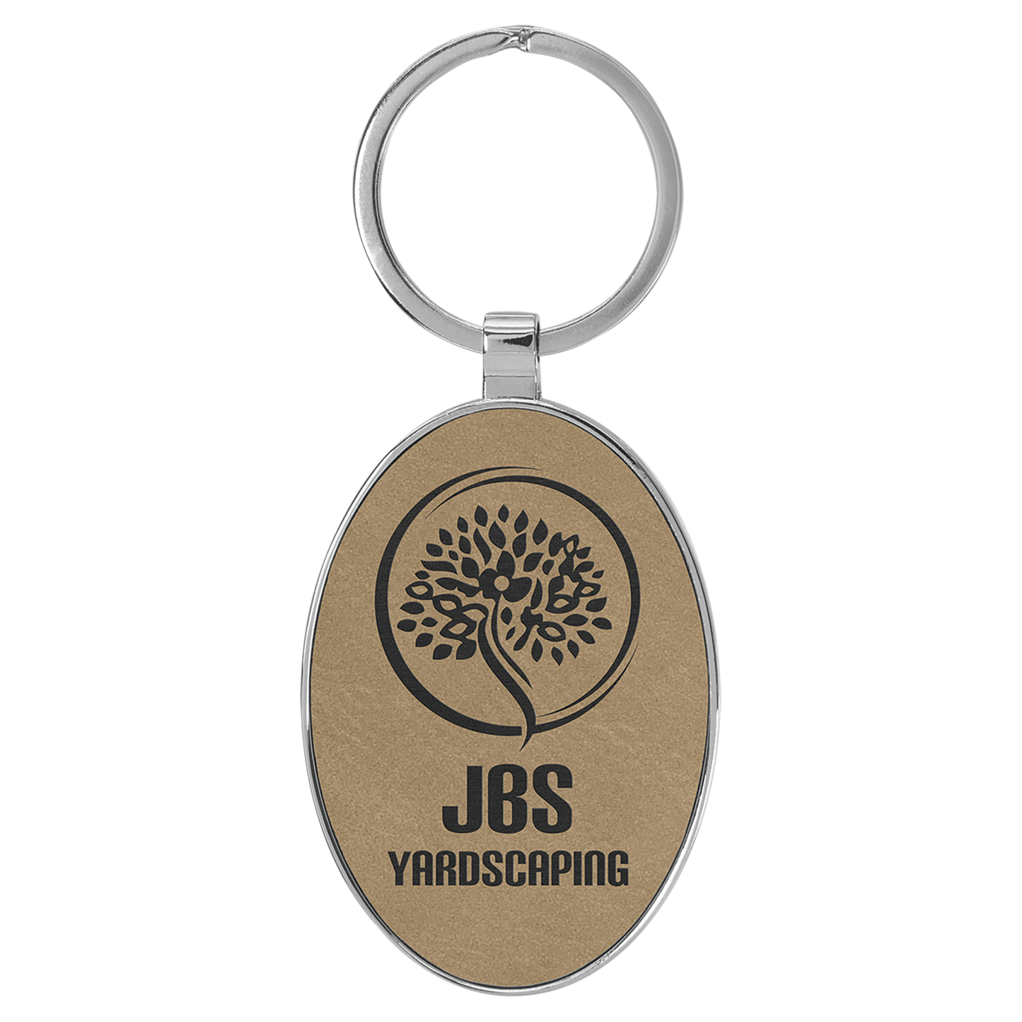 3" x 1.75" Light Brown Metal Oval Leatherette Keychain – item GFT2150