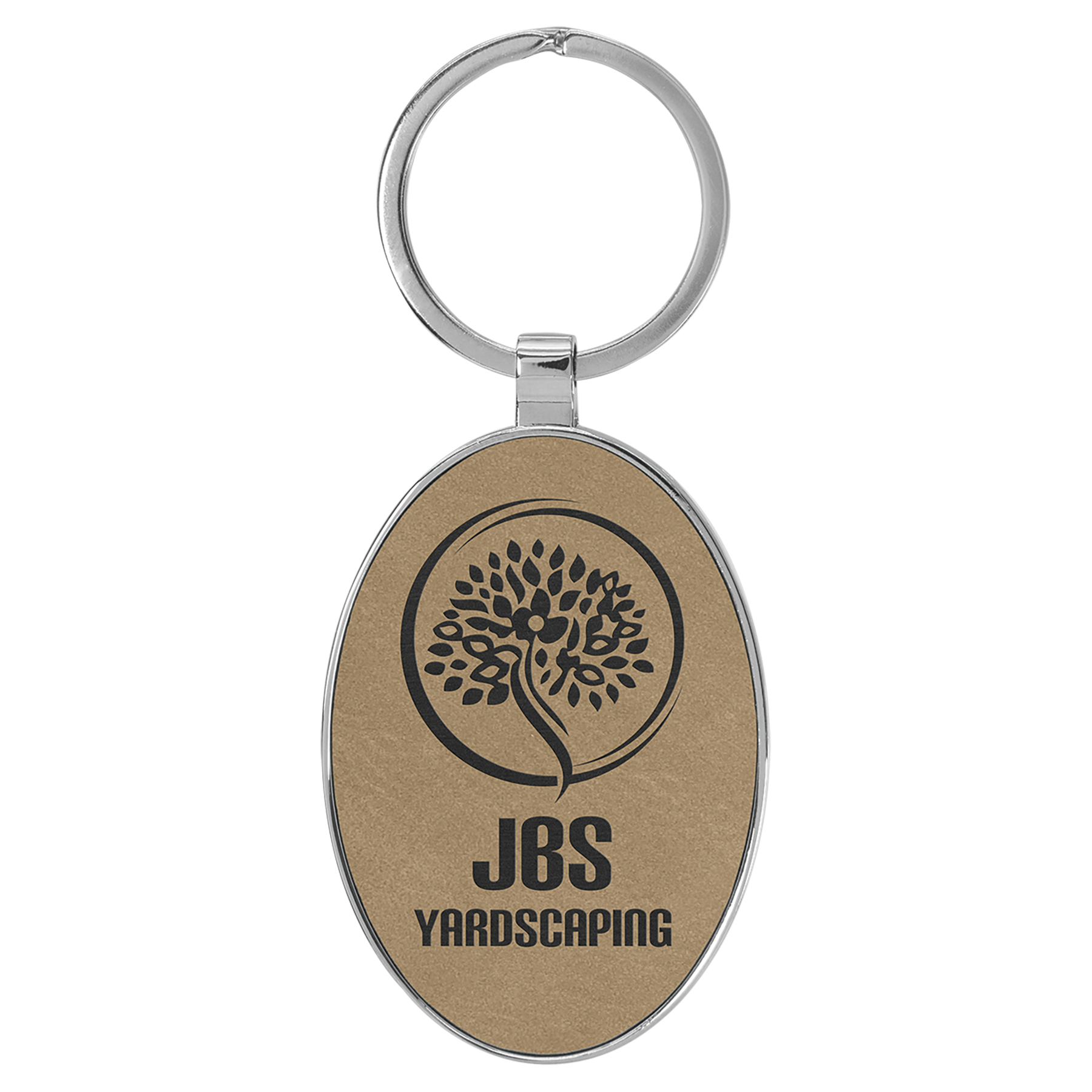 3" x 1.75" Light Brown Metal Oval Leatherette Keychain – item GFT2150