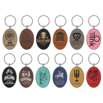 3" x 1.75" Light Brown Metal Oval Leatherette Keychain – item GFT2150 image 2