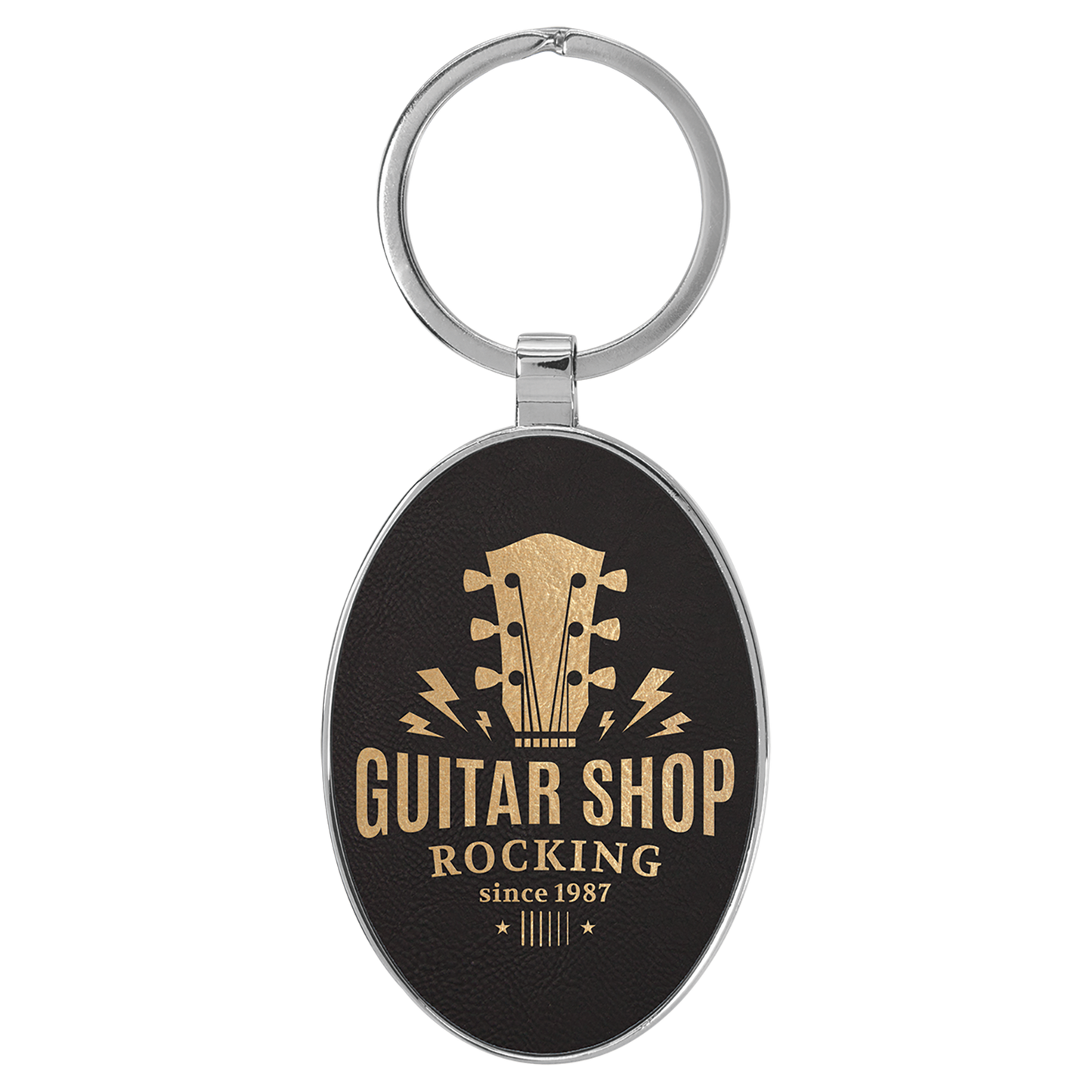 3" x 1.75" Black/Gold Metal Oval Leatherette Keychain – item GFT2152