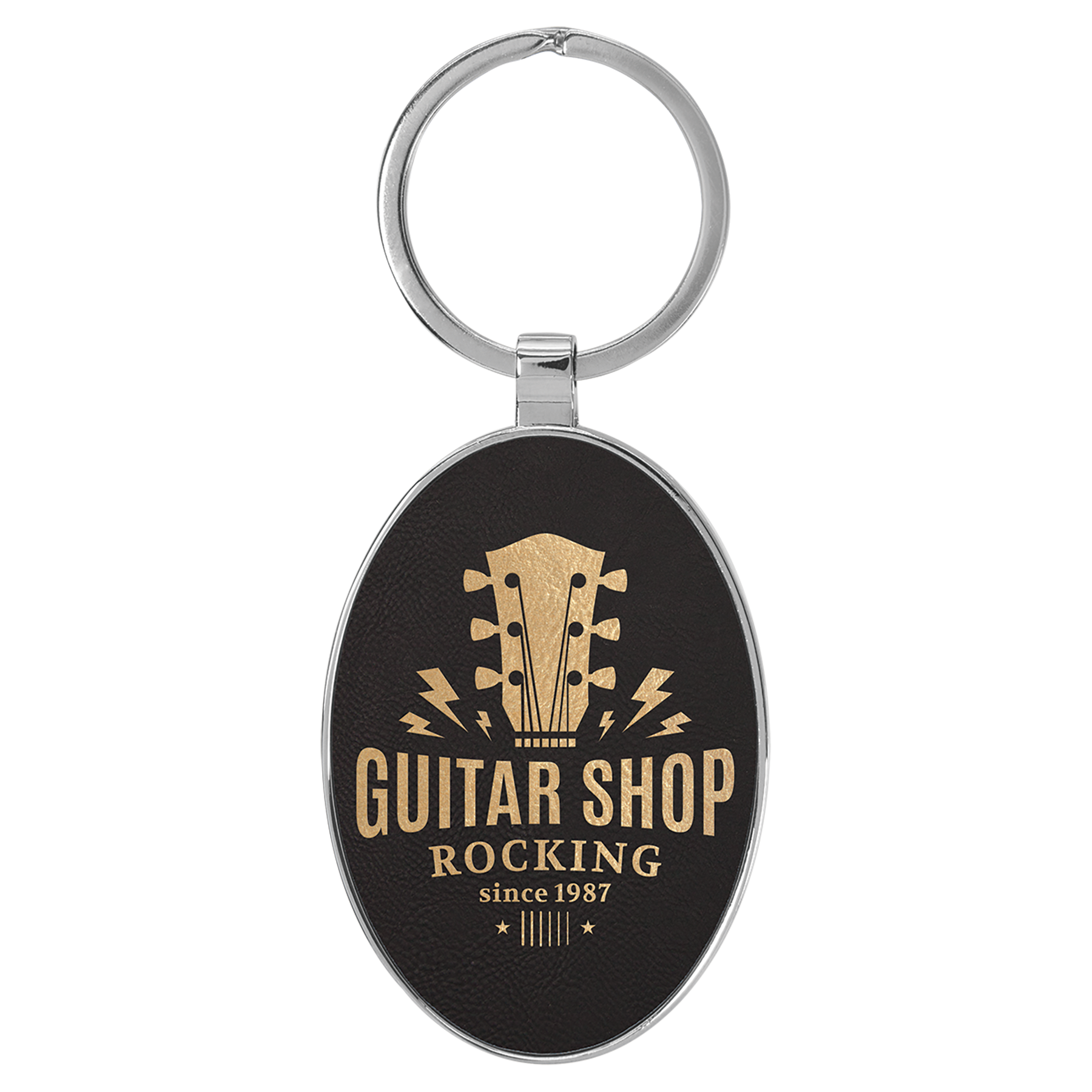 3" x 1.75" Black/Gold Metal Oval Leatherette Keychain – item GFT2152