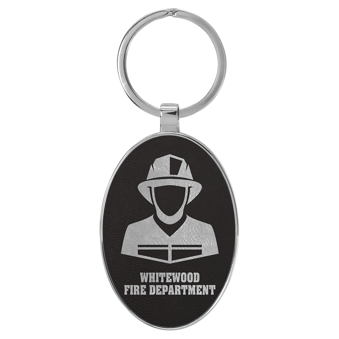 3" x 1.75" Black/Silver Metal Oval Leatherette Keychain – item GFT2156