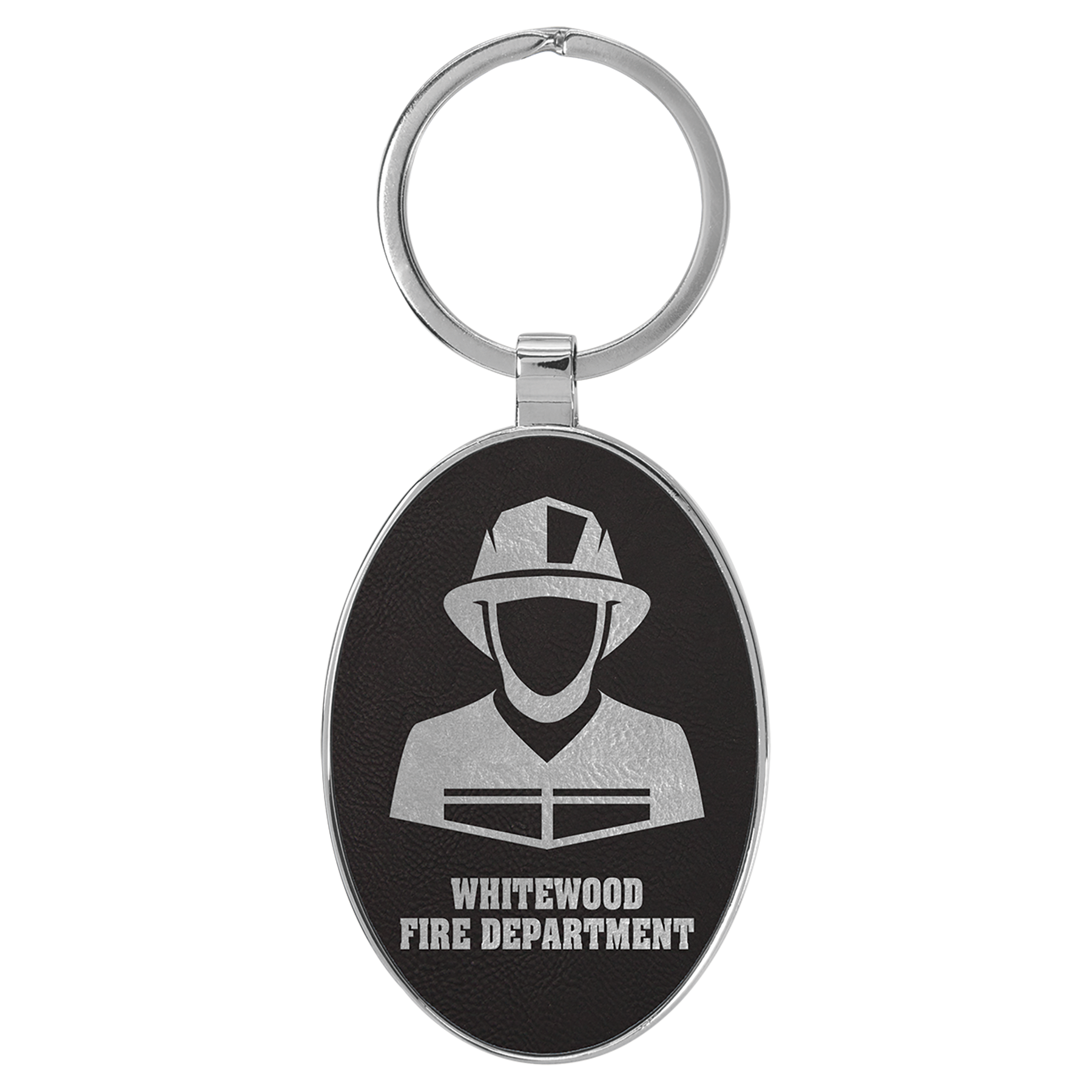 3" x 1.75" Black/Silver Metal Oval Leatherette Keychain – item GFT2156