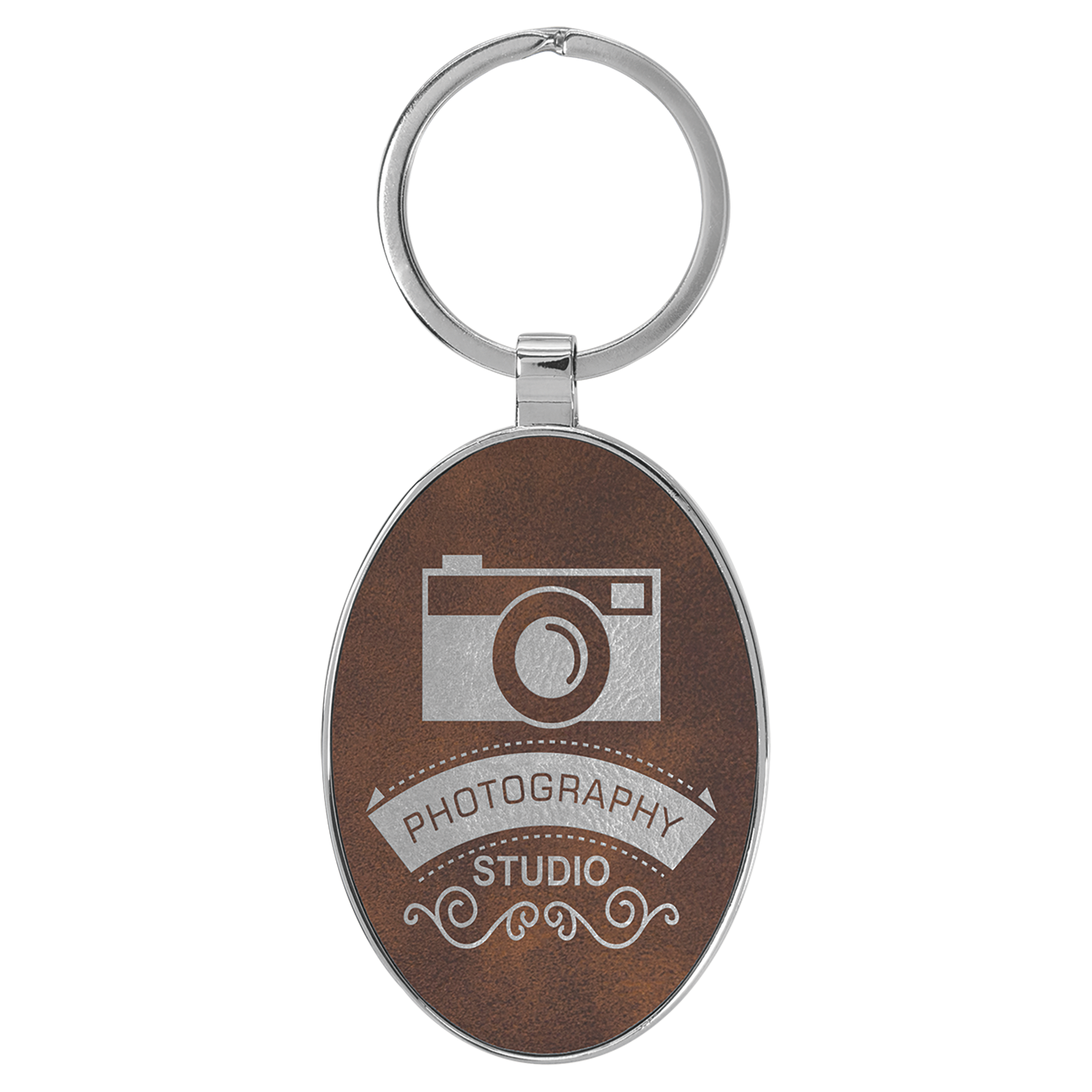 3" x 1.75" Rustic/Silver Metal Oval Leatherette Keychain – item GFT2157