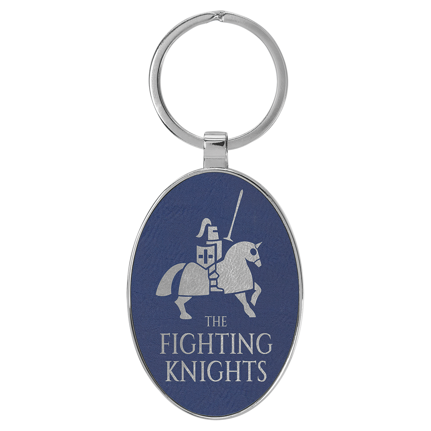 3" x 1.75" Blue/Silver Metal Oval Leatherette Keychain – item GFT2159