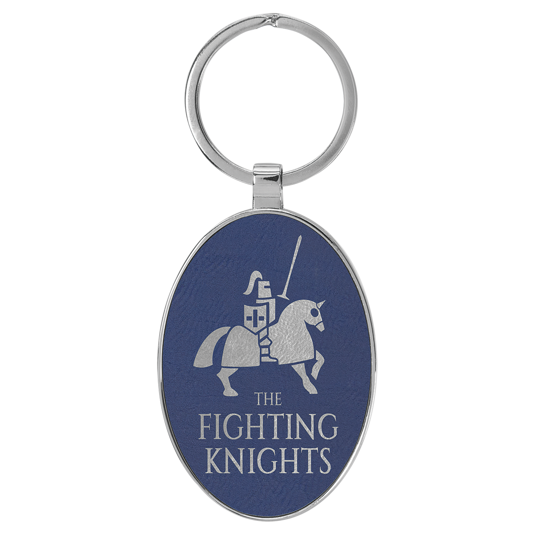 3" x 1.75" Blue/Silver Metal Oval Leatherette Keychain – item GFT2159