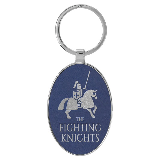 3" x 1.75" Blue/Silver Metal Oval Leatherette Keychain – item GFT2159