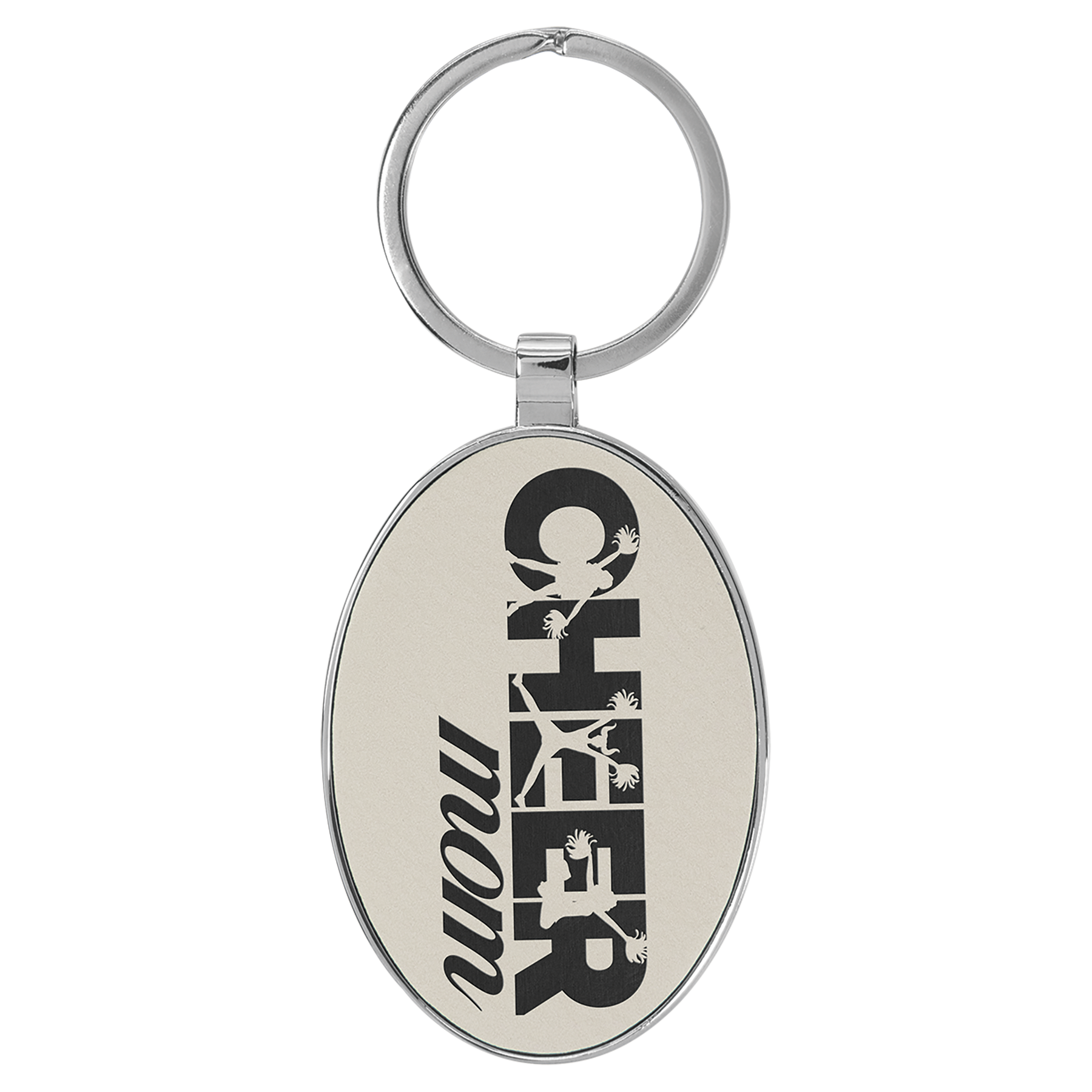 3" x 1.75" White/Black Metal Oval Leatherette Keychain – item GFT2162