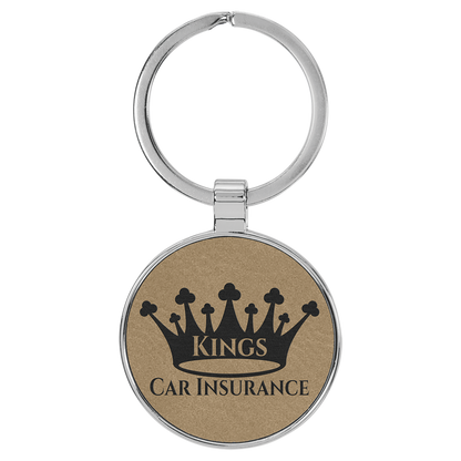 1.5" Light Brown Metal Round Leatherette Keychain – item GFT2190