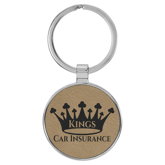 1.5" Light Brown Metal Round Leatherette Keychain – item GFT2190