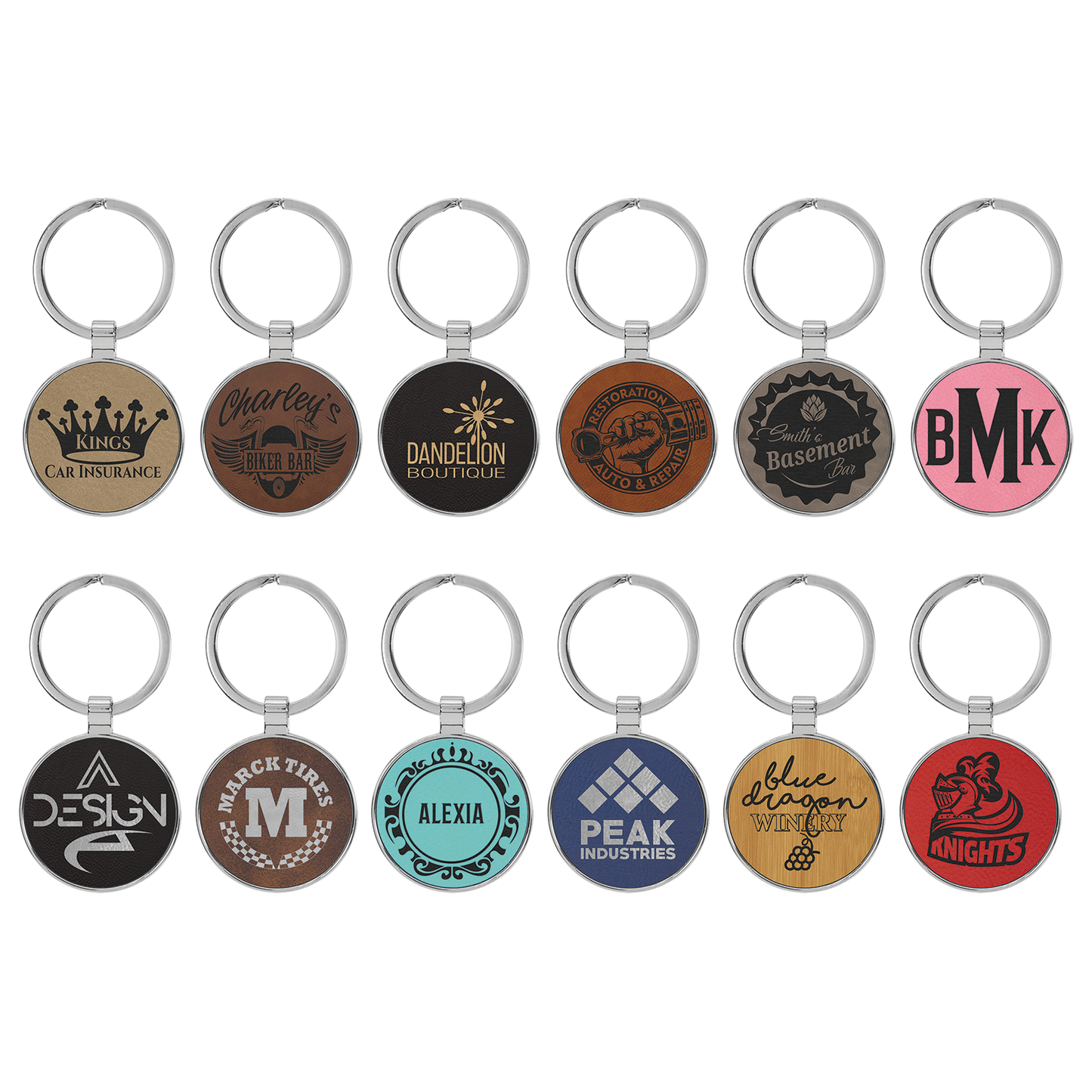 1.5" Light Brown Metal Round Leatherette Keychain – item GFT2190 image 2