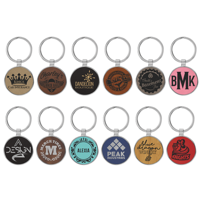 1.5" Light Brown Metal Round Leatherette Keychain – item GFT2190 image 2